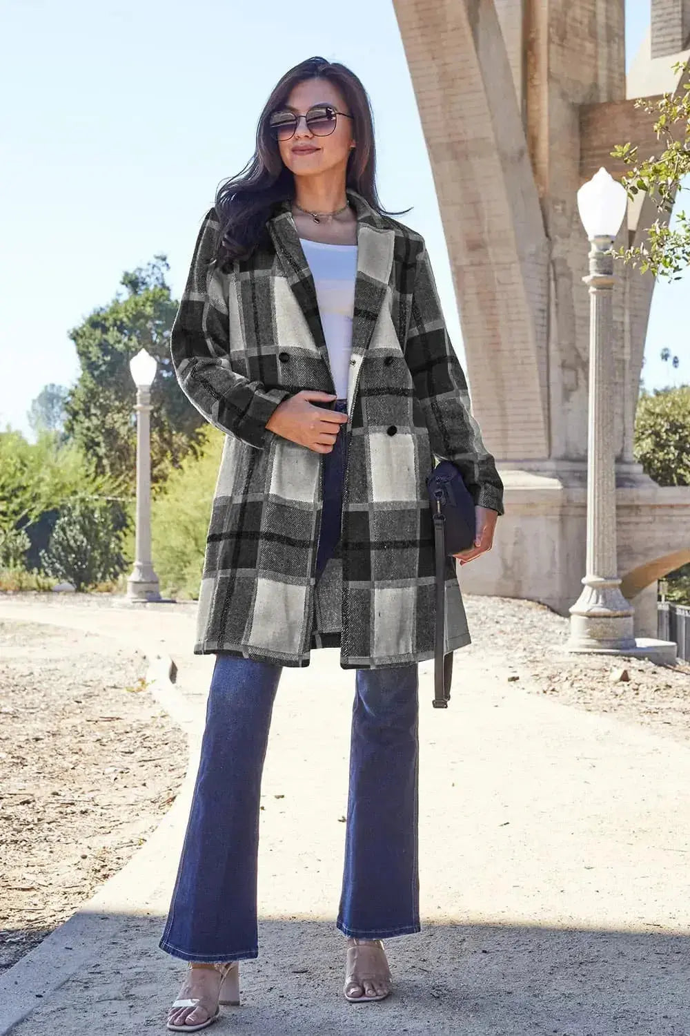 Plaid button-up lapel coat for women with wool-feel fabric, seasonal outerwear by Plush Fashion Hub, stylish and warm.