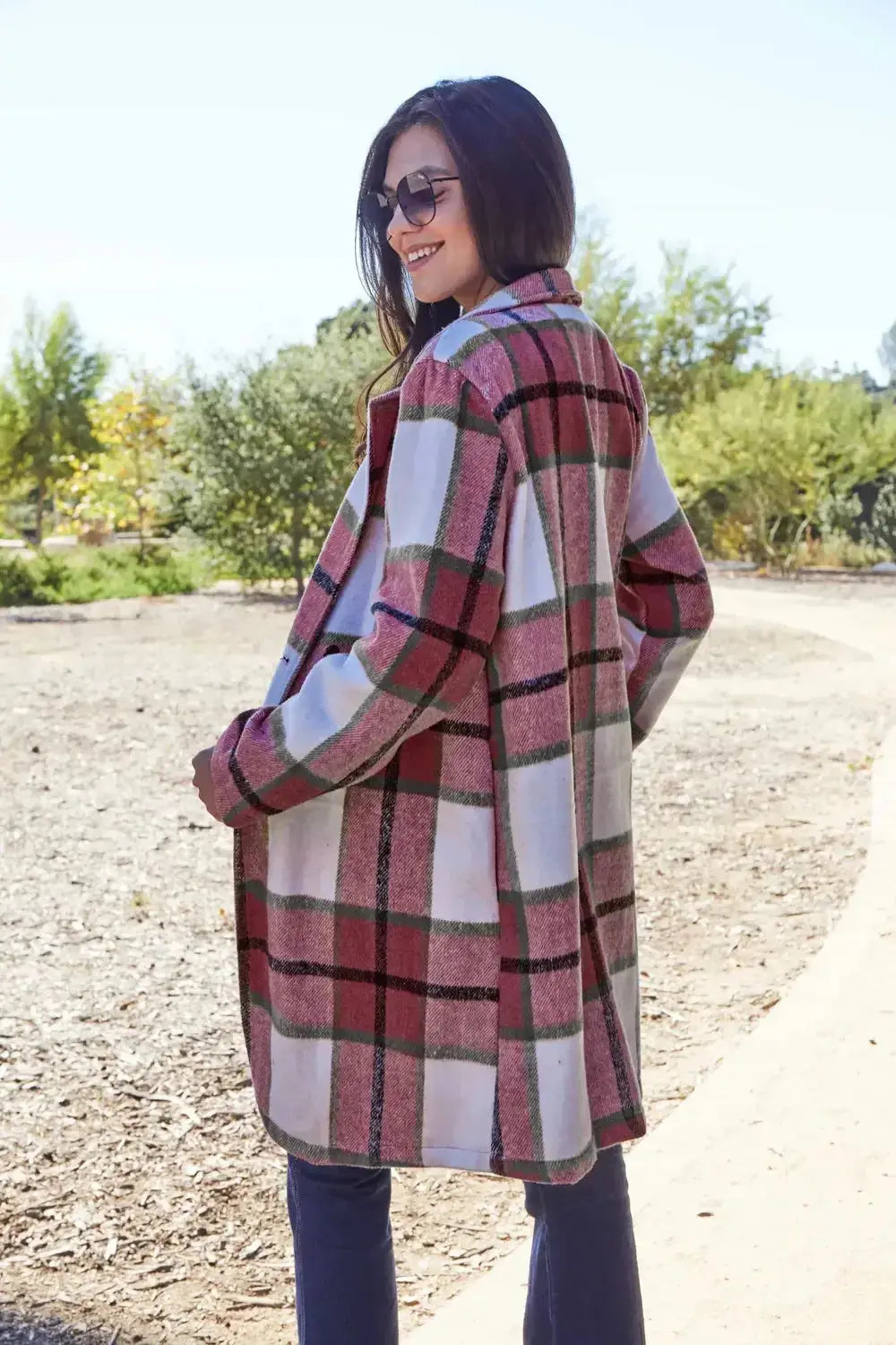 Women’s plaid button-up lapel coat by Plush Fashion Hub, seasonal wool-feel outerwear with classic plaid pattern and stylish design.