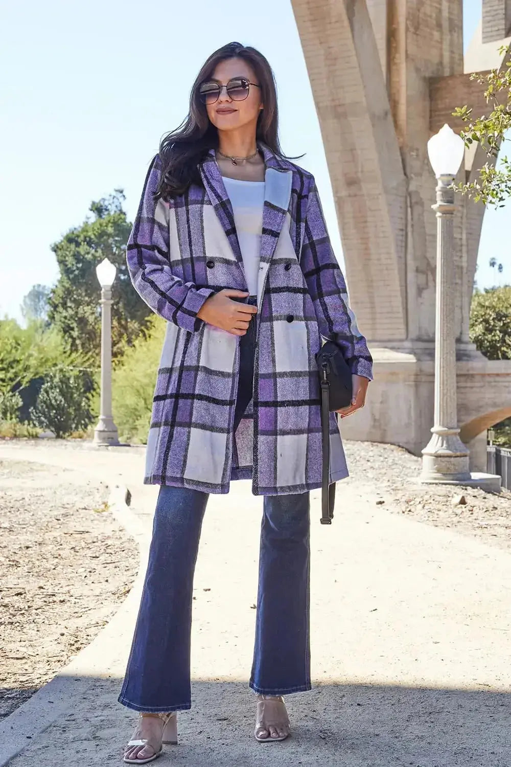 Women’s plaid button-up lapel coat by Plush Fashion Hub, stylish wool-feel outerwear with classic pattern and seasonal design.