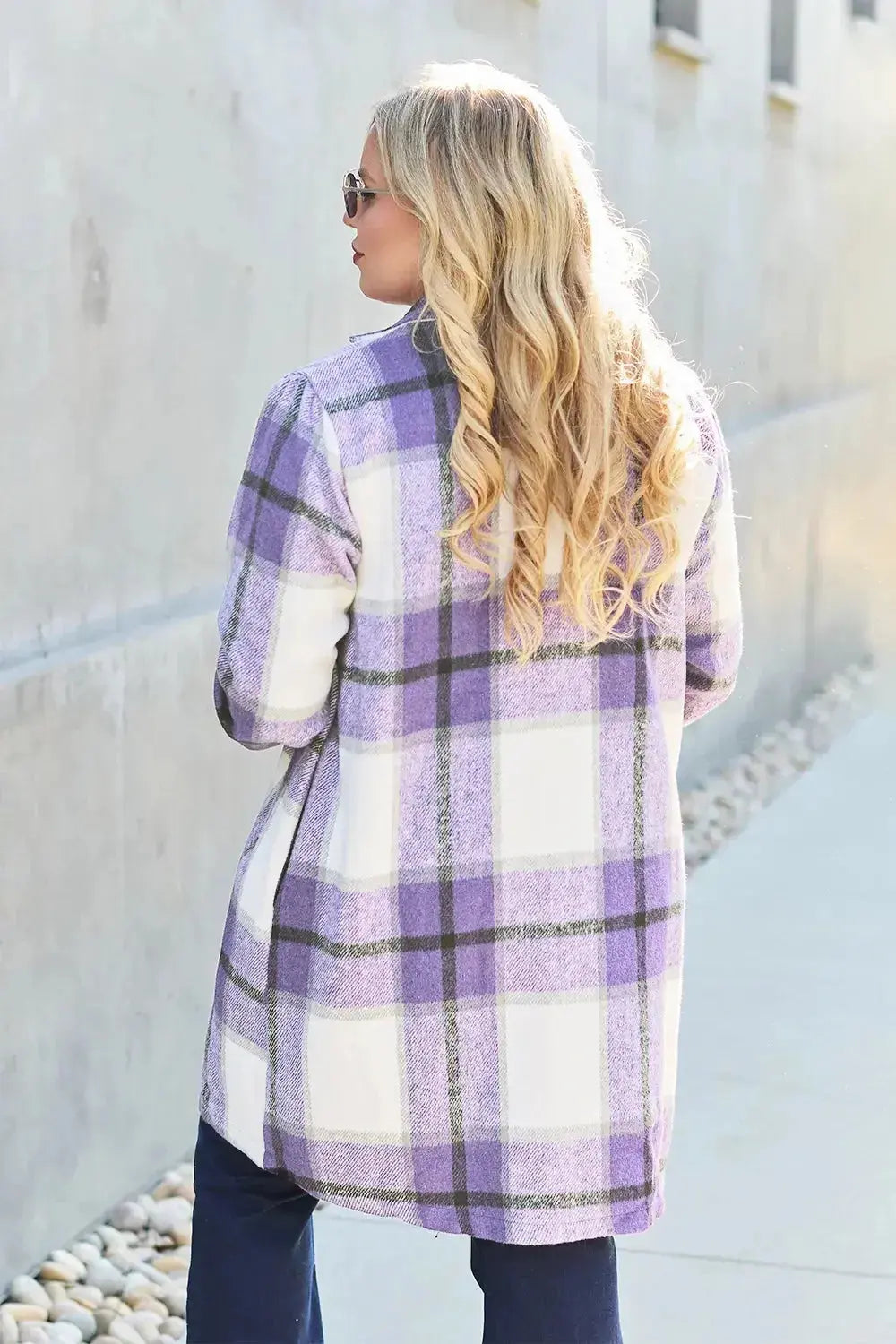 Women’s plaid button-up lapel coat by Plush Fashion Hub featuring a wool-feel, seasonal outerwear with classic plaid design.