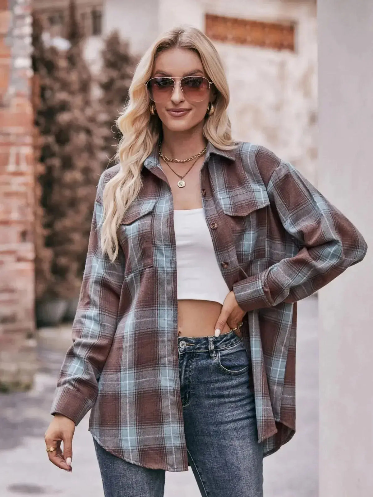 Plush Fashion Hub women's classic plaid long sleeve button-down shirt, featuring a timeless pattern and casual fit.