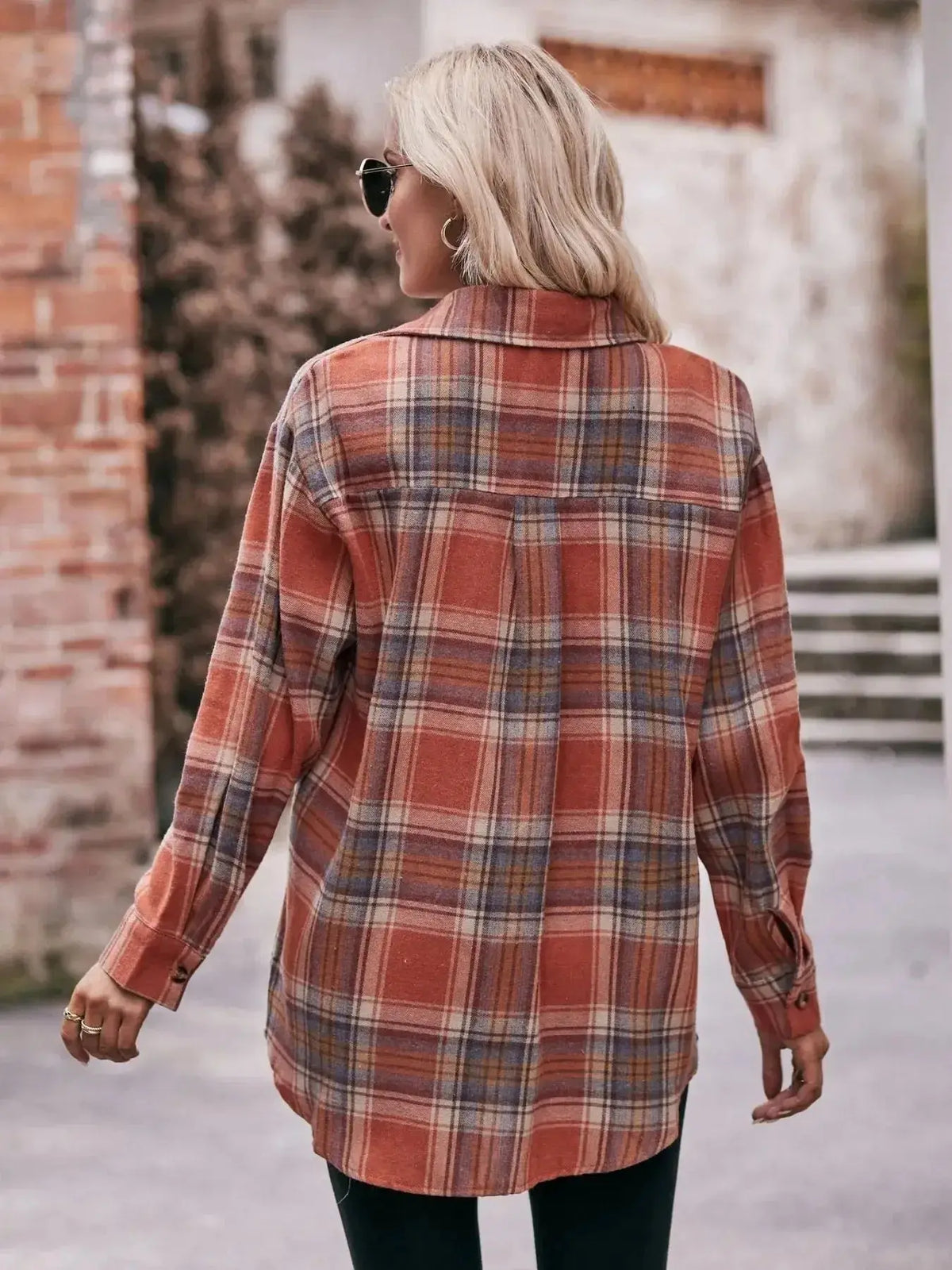 Women’s classic plaid long sleeve button-down shirt by Plush Fashion Hub, featuring a stylish, timeless plaid pattern and tailored fit.