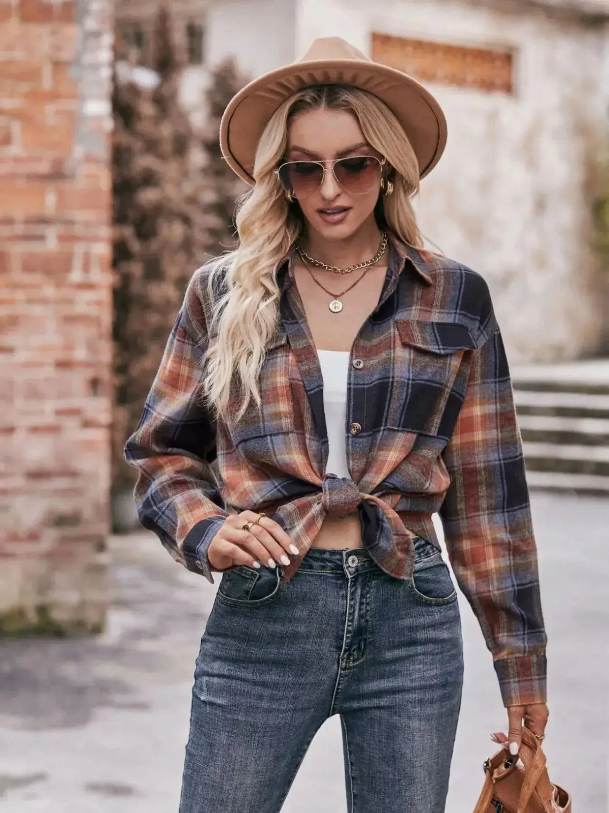 Plush Fashion Hub women's classic plaid long sleeve button-down shirt with collar and button-front closure, casual top for women.