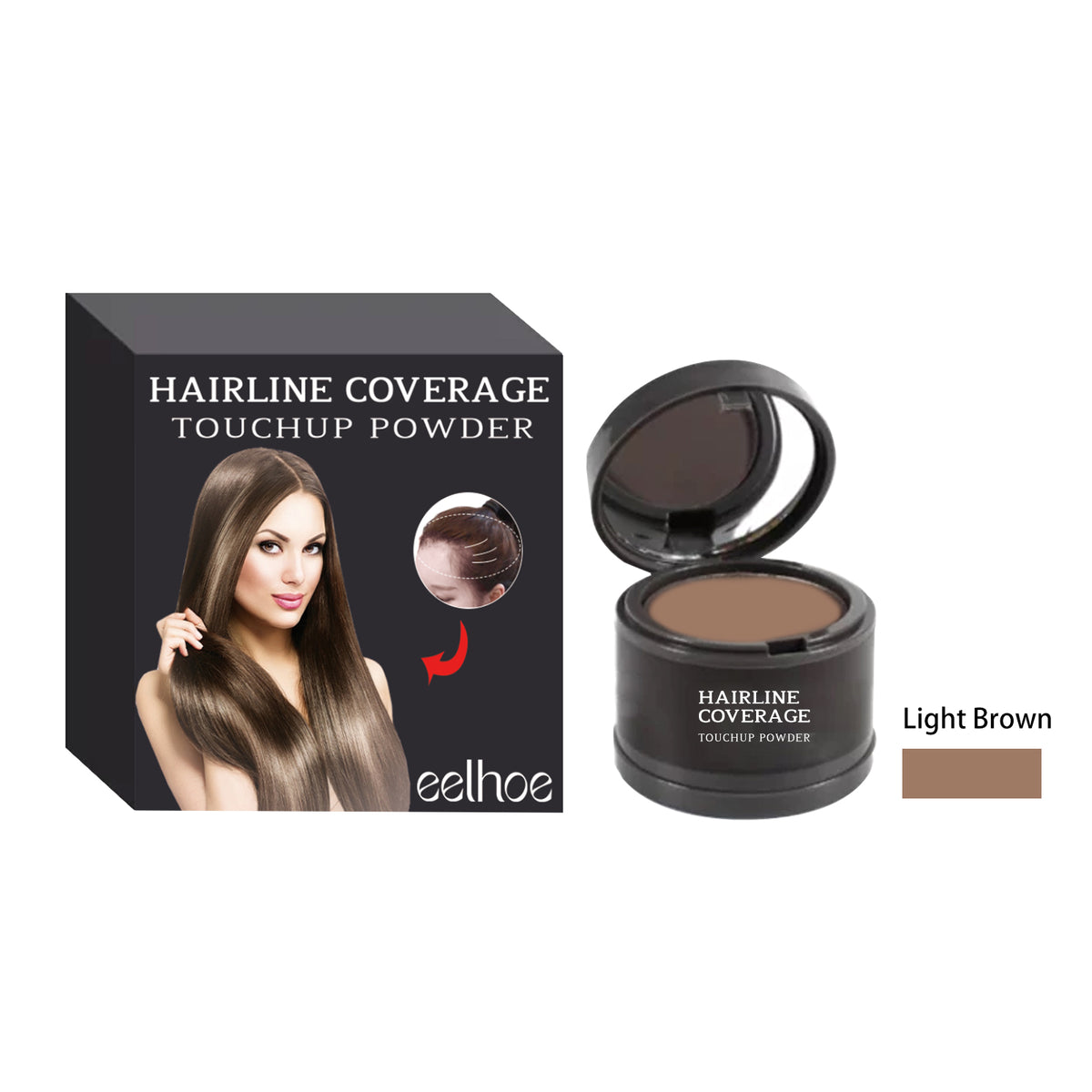 Light brown hairline coverage touchup powder in a black round compact with a mirror, beside its black box.