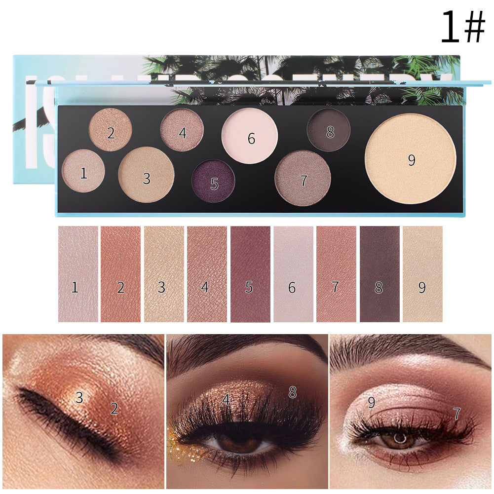 An open 9-pan eyeshadow palette with neutral shades and swatches, plus three eyes showing makeup applications.