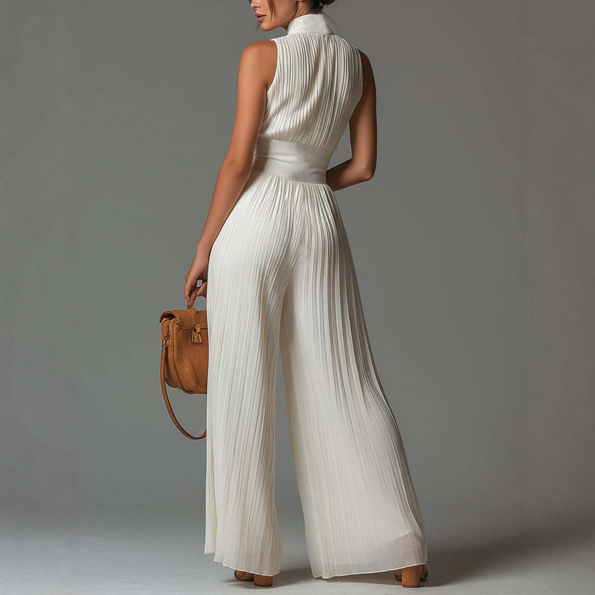White pleated strap neck jumpsuit for women with long wide-leg design and folded detail, by eprolo.