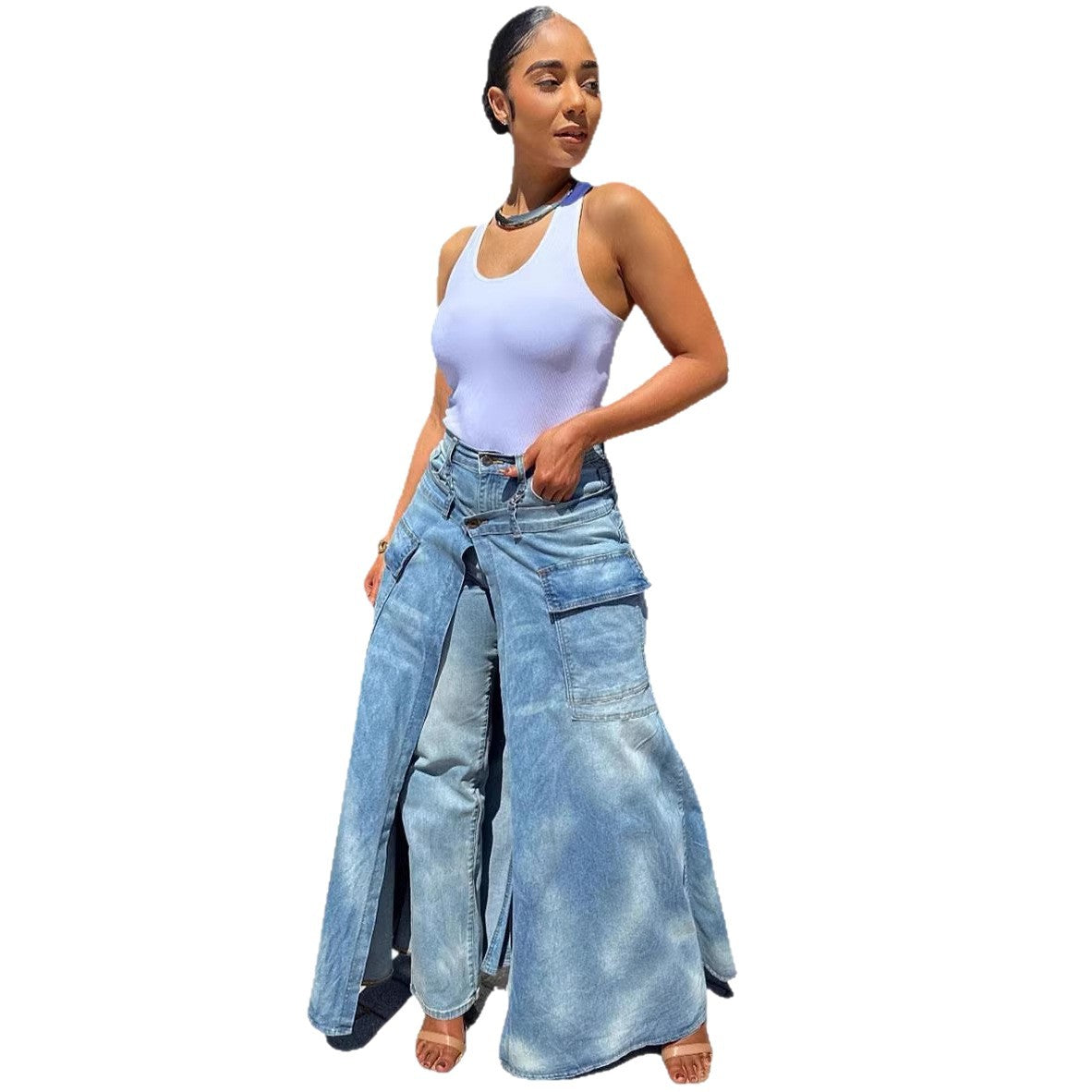 Women’s faux two-piece denim pants skirt with symmetrical slit, street fashion style by Plush Fashion Hub.
