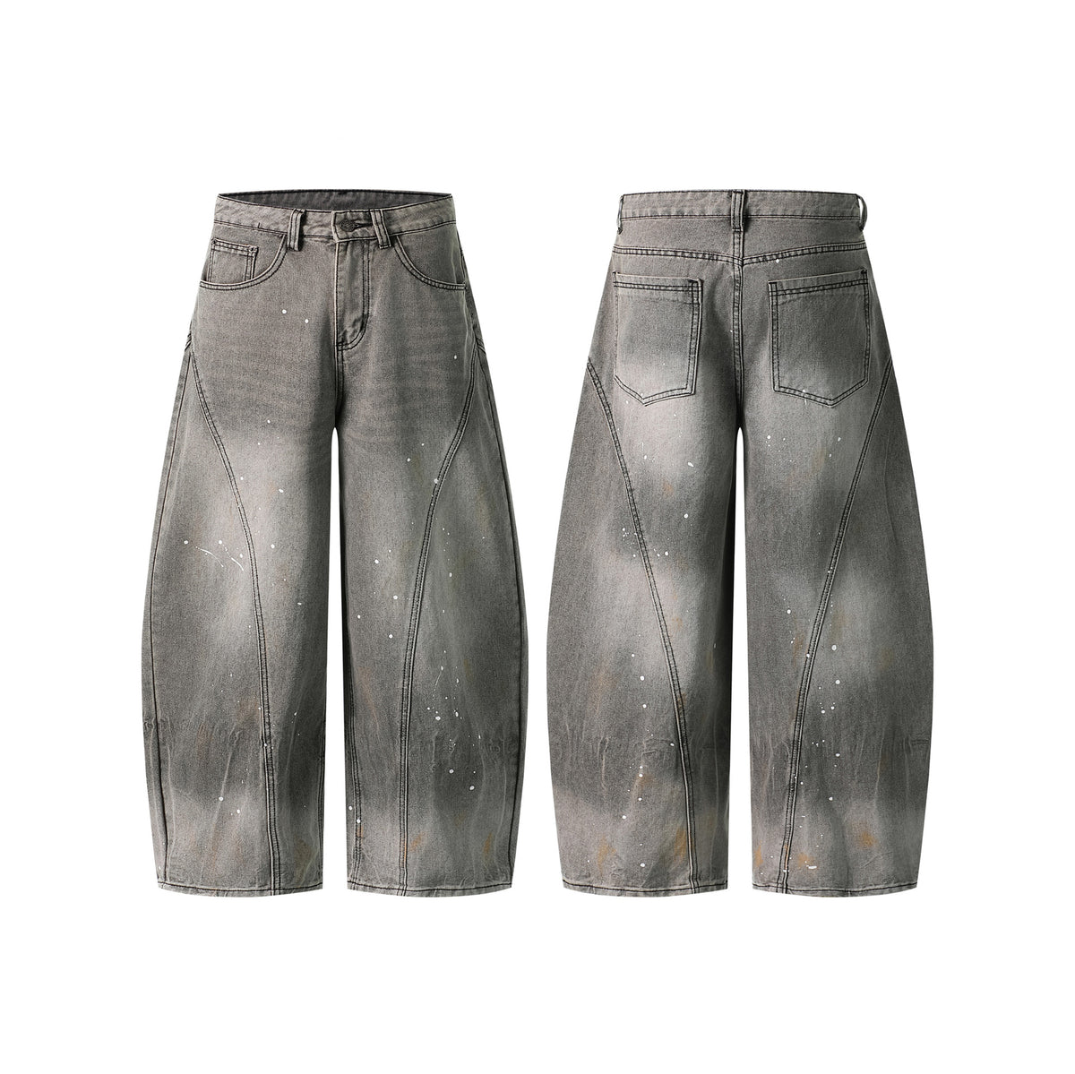 Eprolo heavy wash gradient splatter denim pants with loose wide-leg fit, patchwork design, versatile long denim trousers