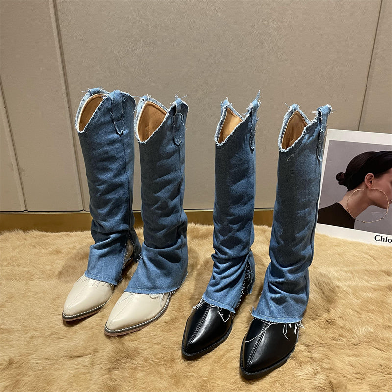 Two pairs of knee-high boots with blue denim shafts, one pair with white toes and one with black, featuring distressed edges.
