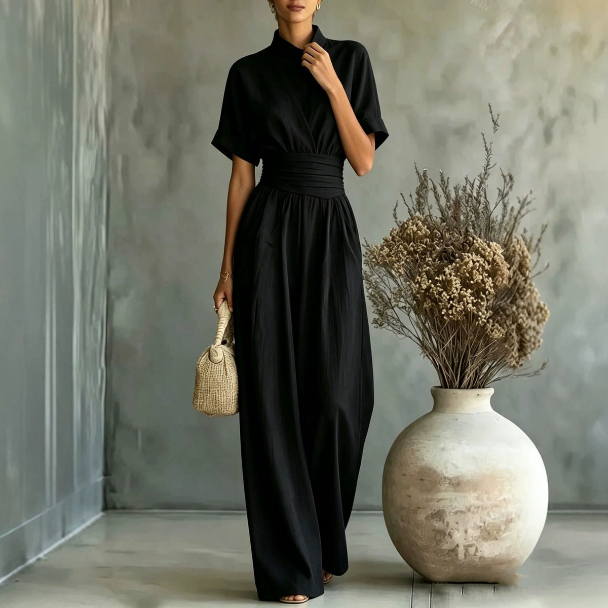 Eprolo half high neck short sleeve wide leg jumpsuit with relaxed fit and stylish design, shown in the product image.