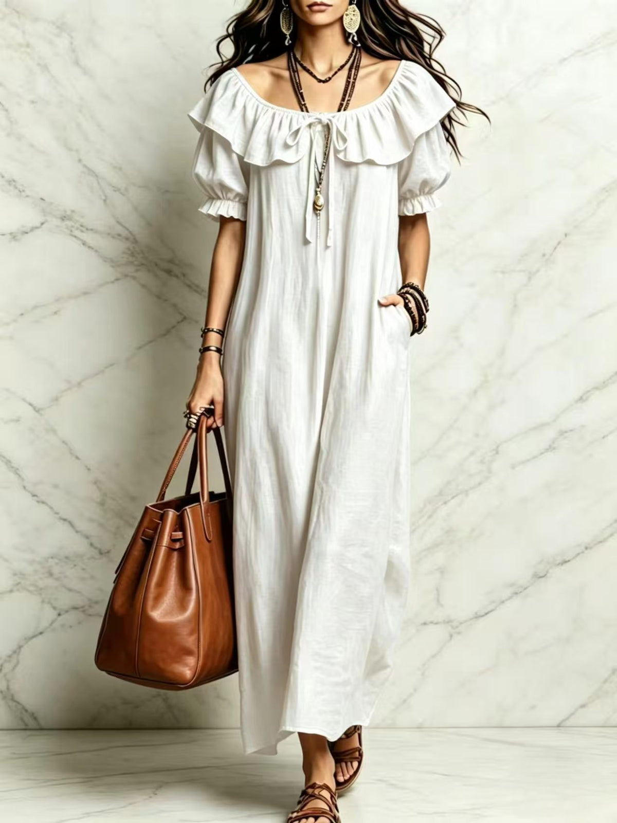 Eprolo casual elegant round neck ruffle beach vacation dress for women, lightweight and stylish for summer outings.