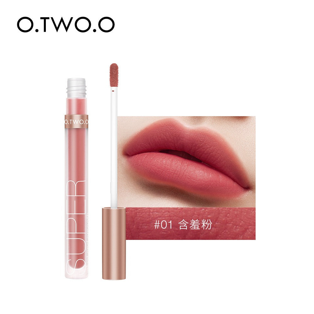 Pink O.TWO.O liquid lipstick with wand, swatch, and matte lips in shade #01.