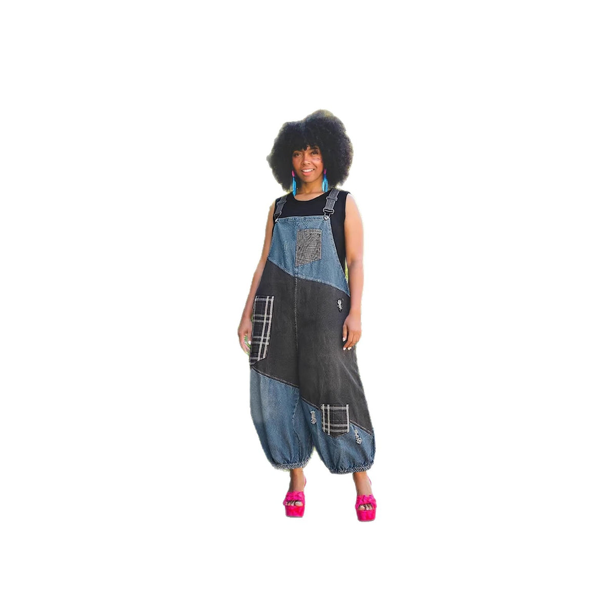 Ripped patchwork high-waisted denim overalls by Plush Fashion Hub with distressed details and adjustable straps.