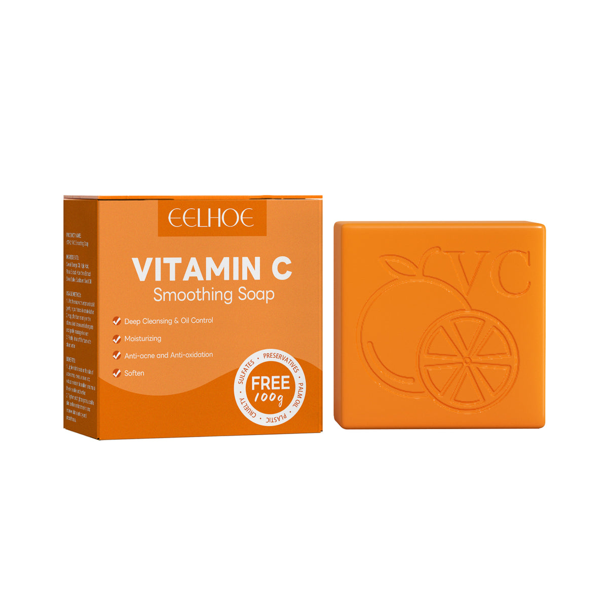 Orange Eelhoe Vitamin C smoothing soap bar beside its matching orange box with white text and a free-from seal.