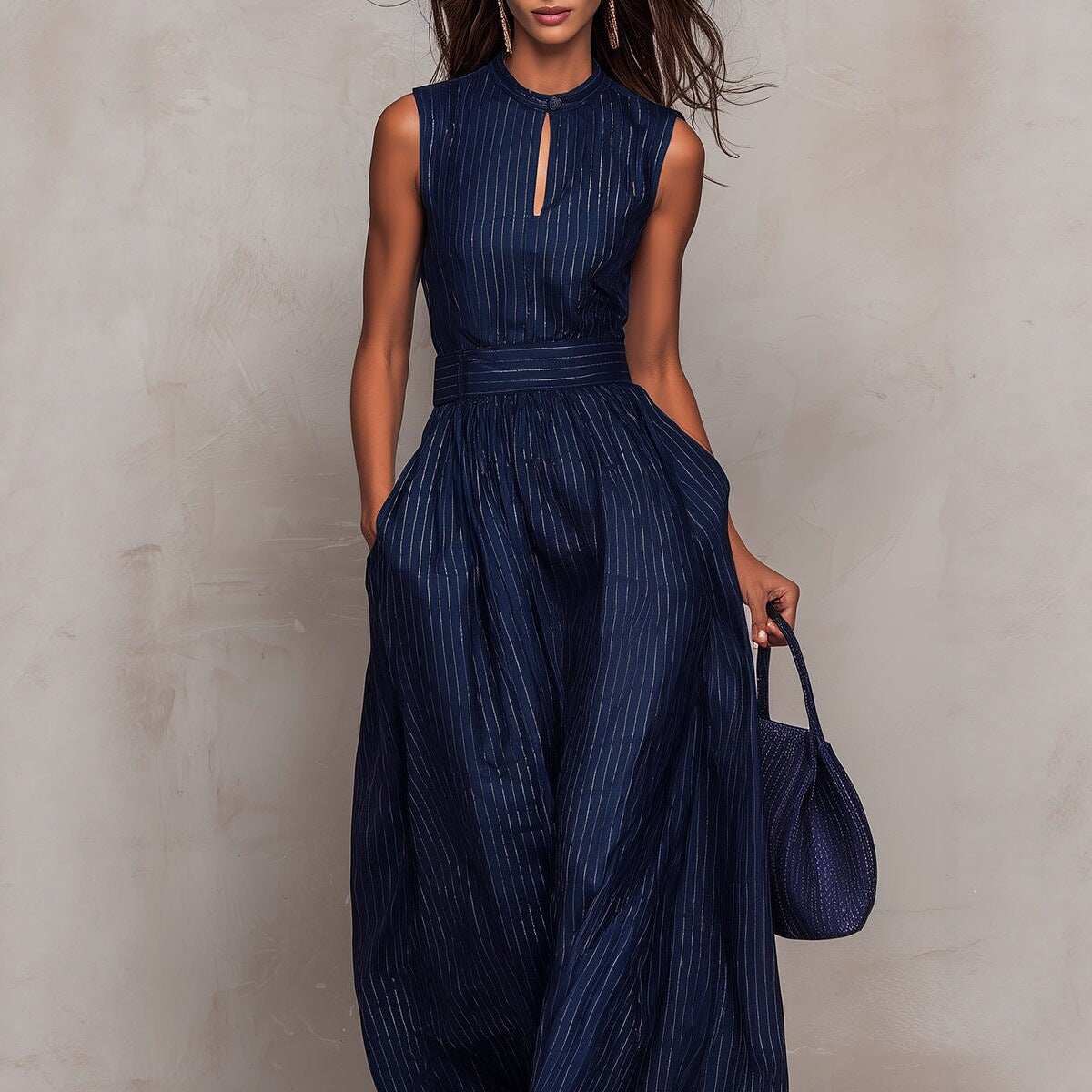 Deep blue striped sleeveless jumpsuit with waist-cinched design from Plush Fashion Hub, featuring a stylish, fitted top and wide-leg pants.