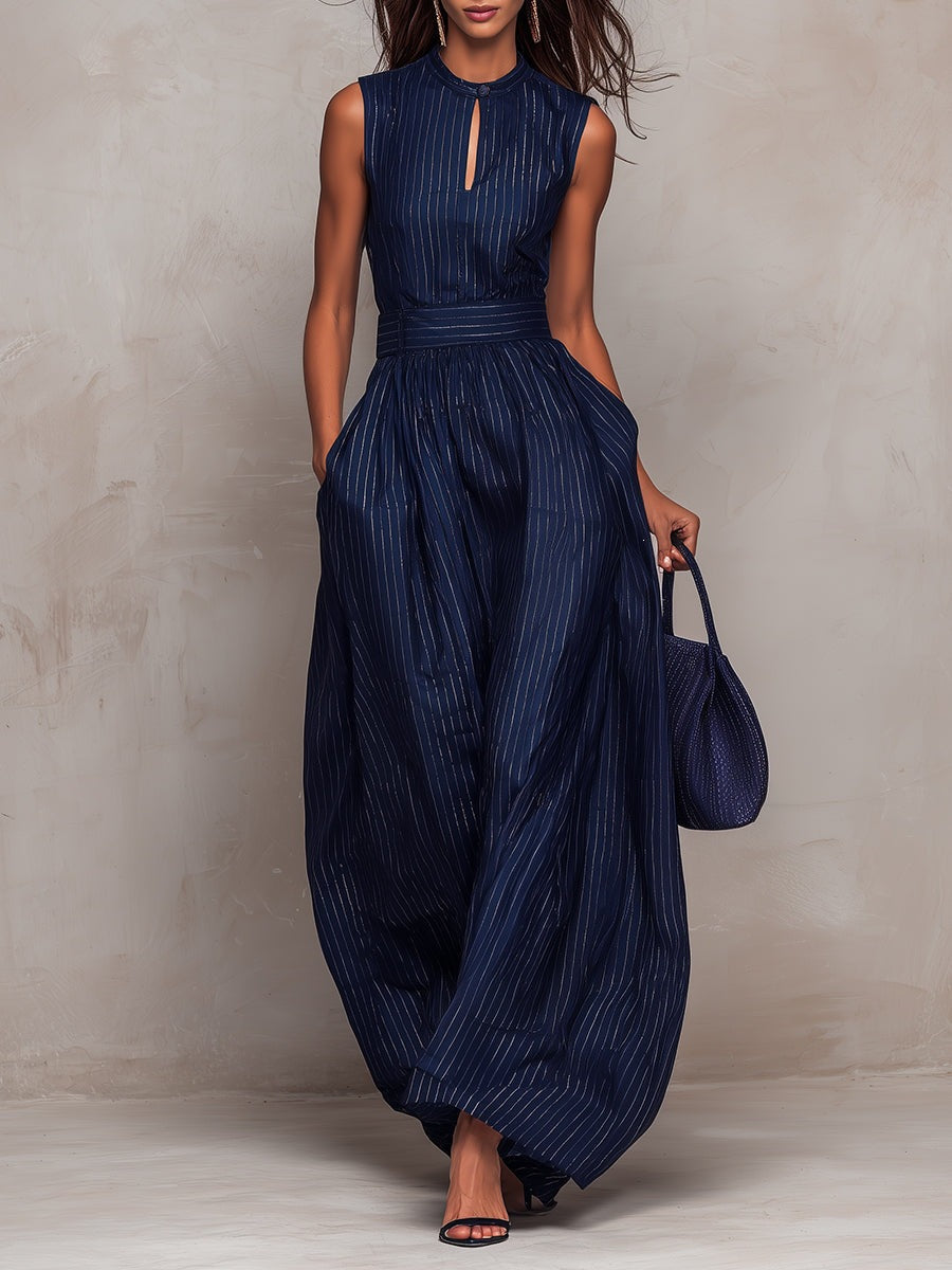 Deep blue striped sleeveless waist-cinched jumpsuit from Plush Fashion Hub, featuring a fitted top and stylish design.