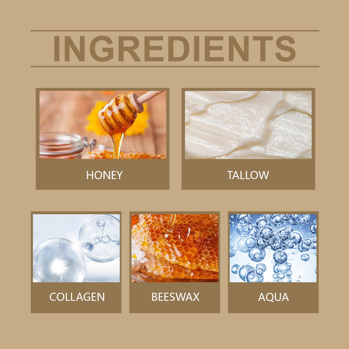 Infographic titled INGREDIENTS displaying honey, tallow, collagen, beeswax, and aqua in five small rectangular panels.