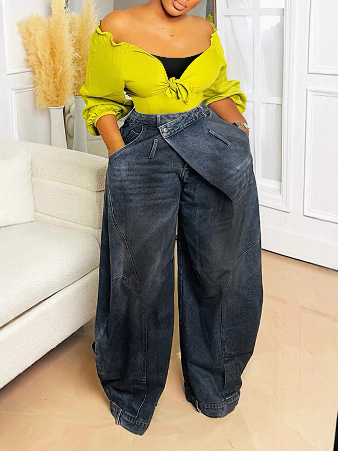 Vintage washed distressed reversed waistband jeans by Plush Fashion Hub, showing the faded denim fabric and stylish distressed details.