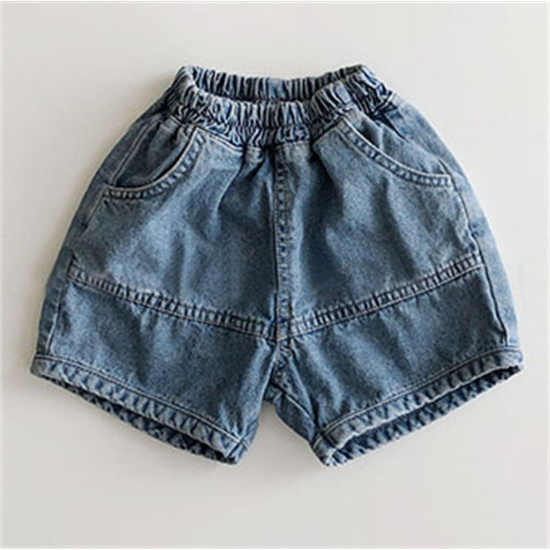 Blue denim shorts with an elastic waistband, front pockets, and horizontal stitching.