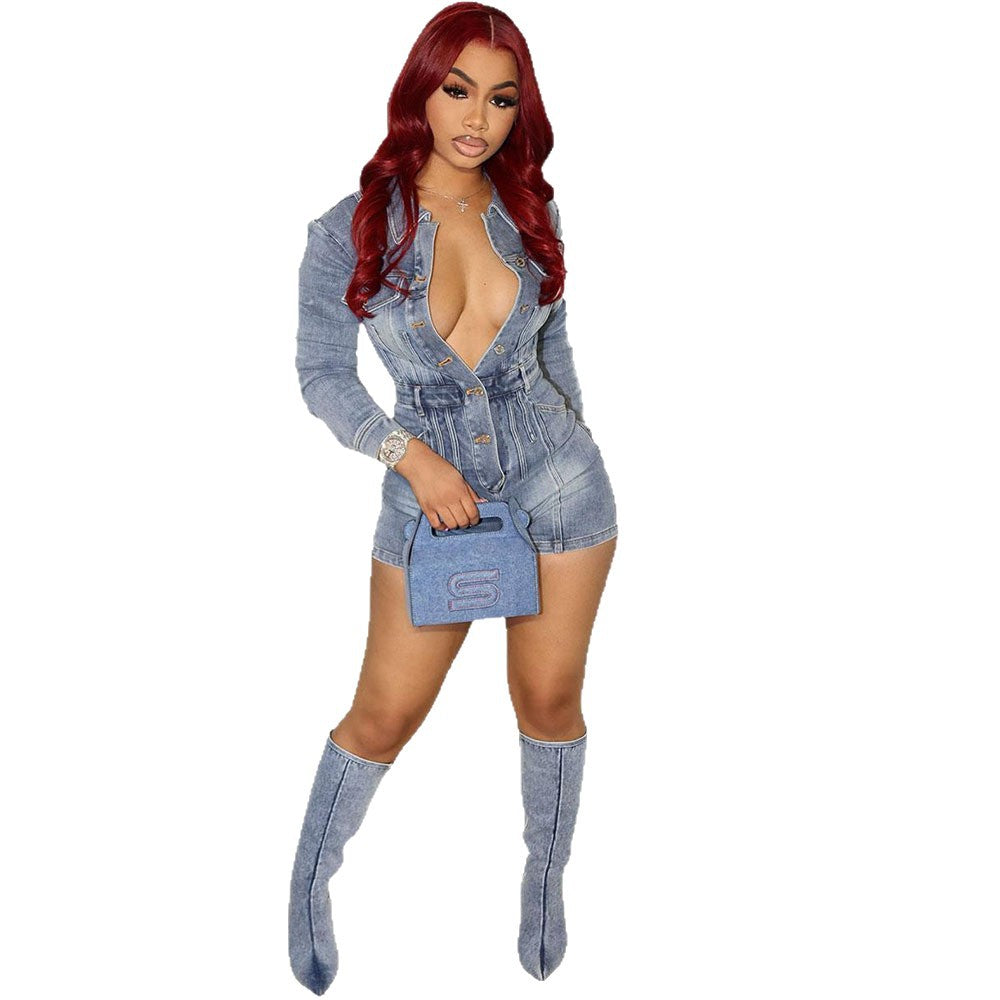 Women’s denim jumpsuit by eprolo featuring washed and stretch denim, with a casual, stylish design and short length.