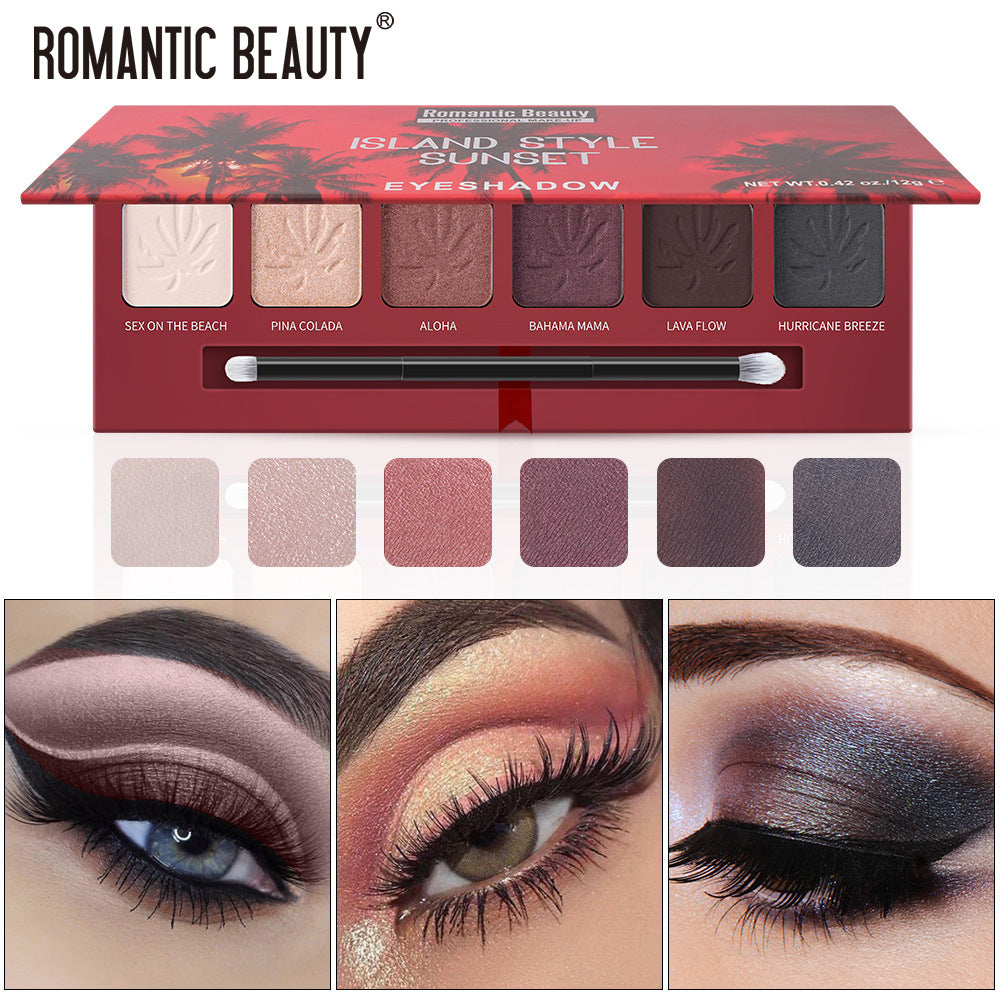 Romantic Beauty Island Style Sunset eyeshadow palette with 6 shades, applicator, and three makeup examples.