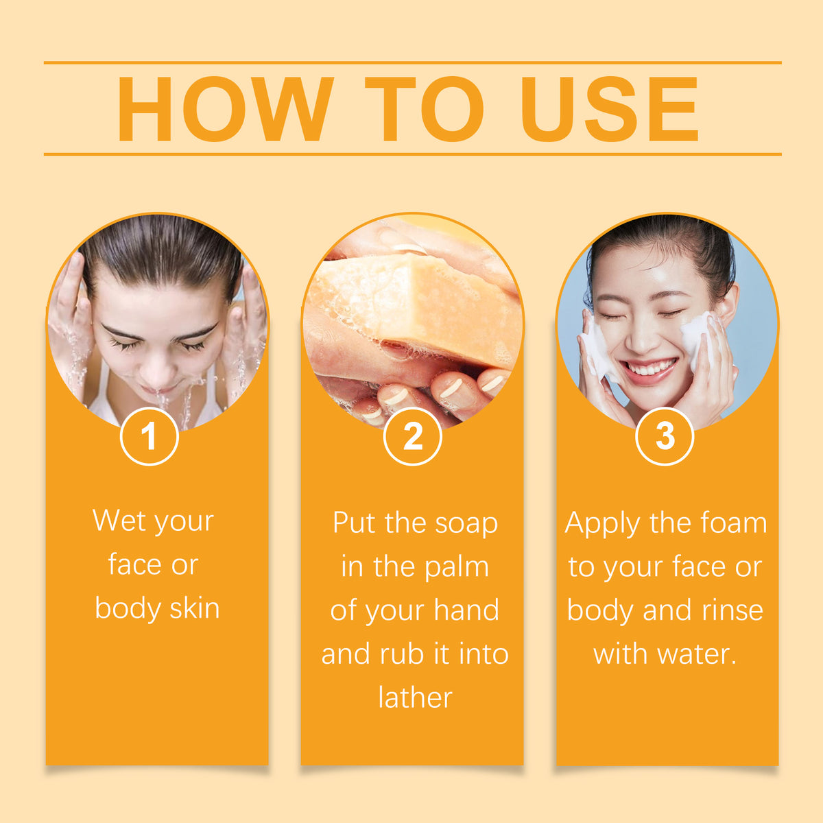 Informational graphic titled "HOW TO USE" with three numbered steps for using soap on skin, illustrated with circular photos.