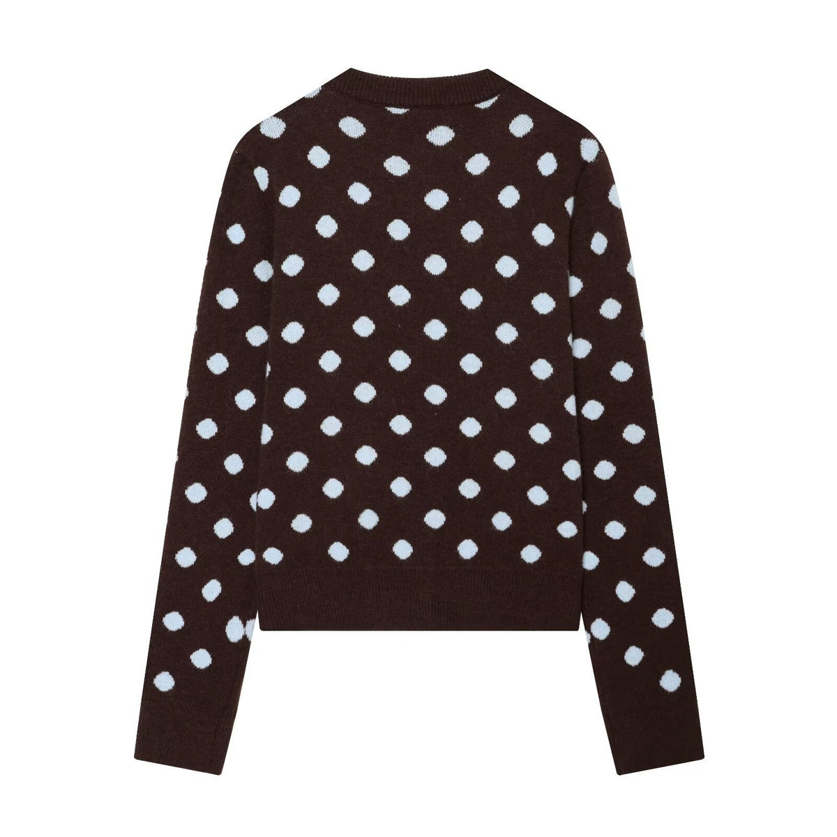 Brown knit sweater with crew neck and light blue polka dot pattern, shown from the back.