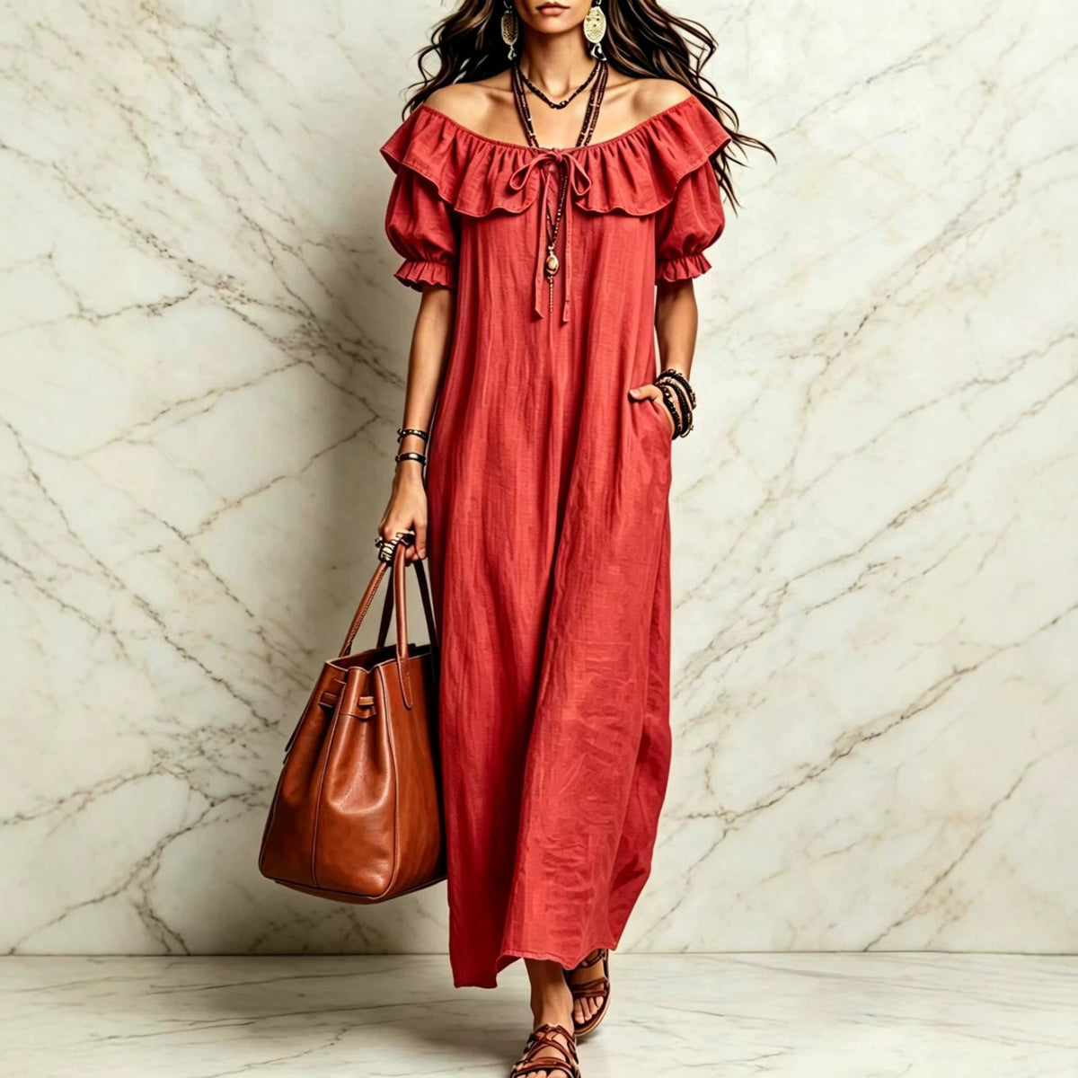 Eprolo casual elegant round neck ruffle beach vacation dress for women, featuring a flowy fit and stylish ruffle details.