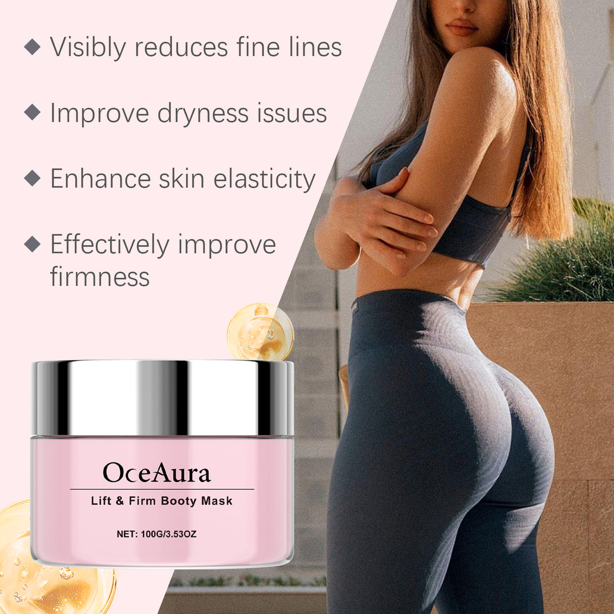 Pink plastic jar of OceAura Lift & Firm Booty Mask with silver lid beside a woman in grey athletic wear.