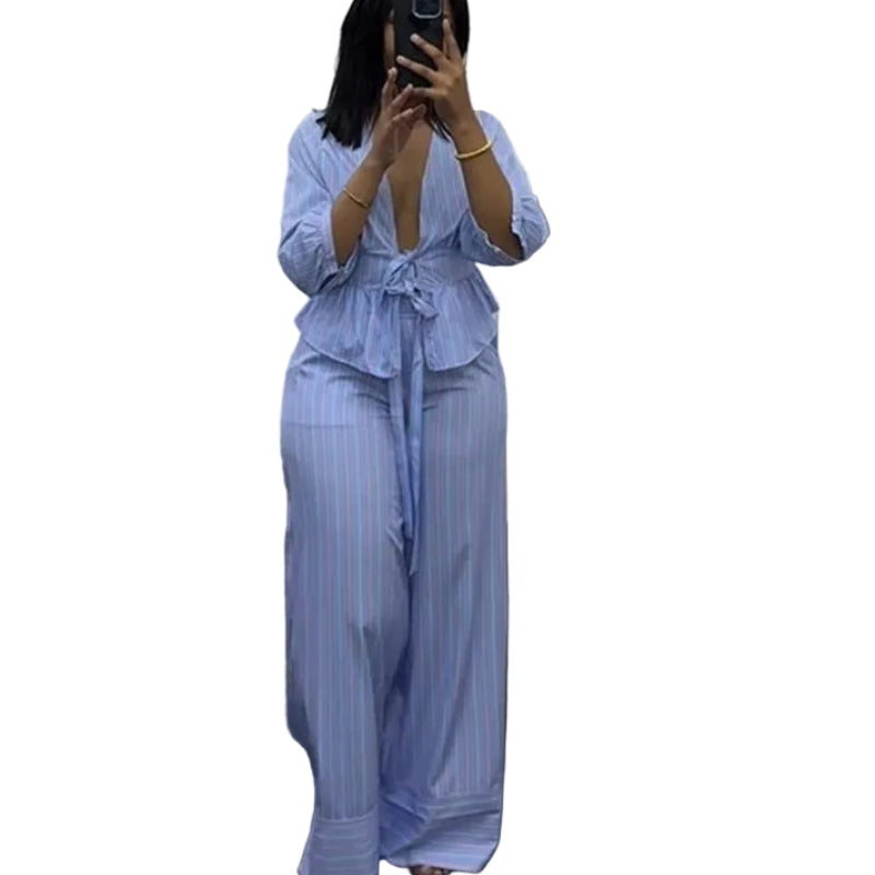 Coastal Chic V-neck striped lace-up top set in blue and white, featuring a relaxed fit and lightweight fabric from Plush Fashion Hub.