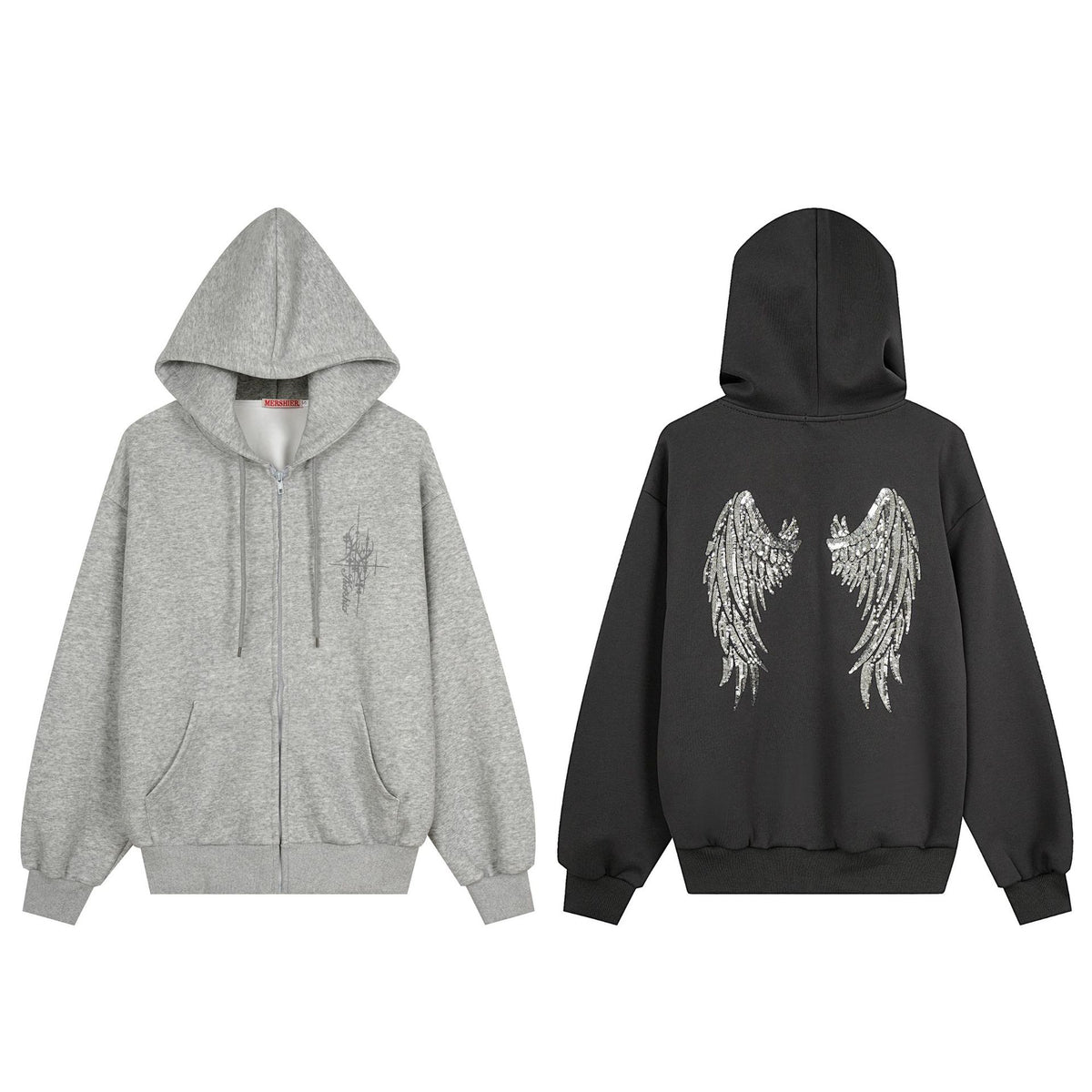 Grey and black zip-up hoodies featuring a front graphic and sequined wings on the back.