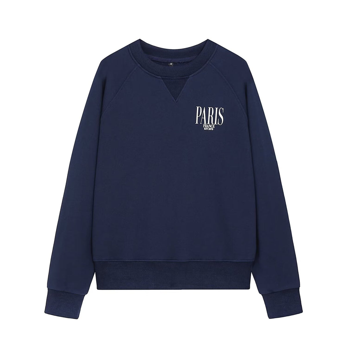 Navy blue crewneck sweatshirt with "PARIS FRANCE EST 1975" text on the chest, ribbed trim, and a v-notch neck detail.