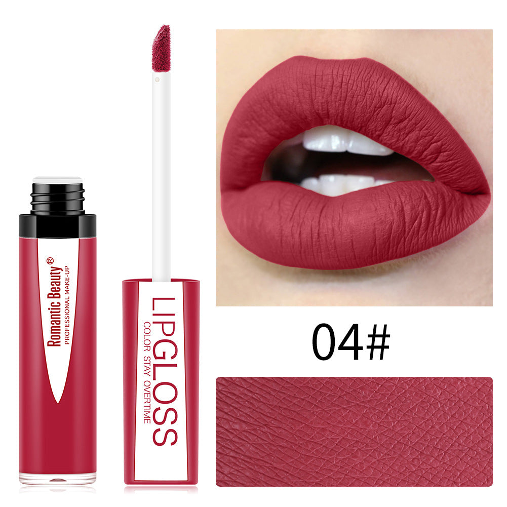 Matte red lipgloss with applicator brush shown on lips, tube, and swatch sample, labeled 04#.