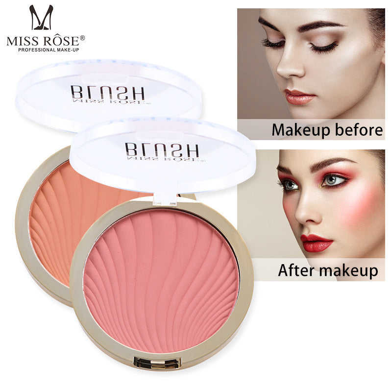 Two round compacts of peach blush with wave-textured powder in gold cases, shown with before and after makeup.
