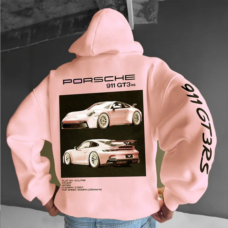Back view of a pink hoodie featuring Porsche 911 GT3 RS car graphics on the back and text on the sleeve.