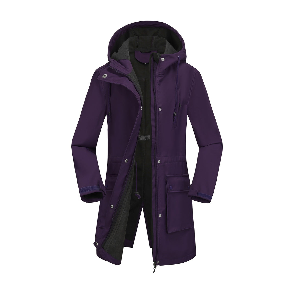 Solid purple hooded parka jacket with snap buttons, front pockets, and a black fleece lining.