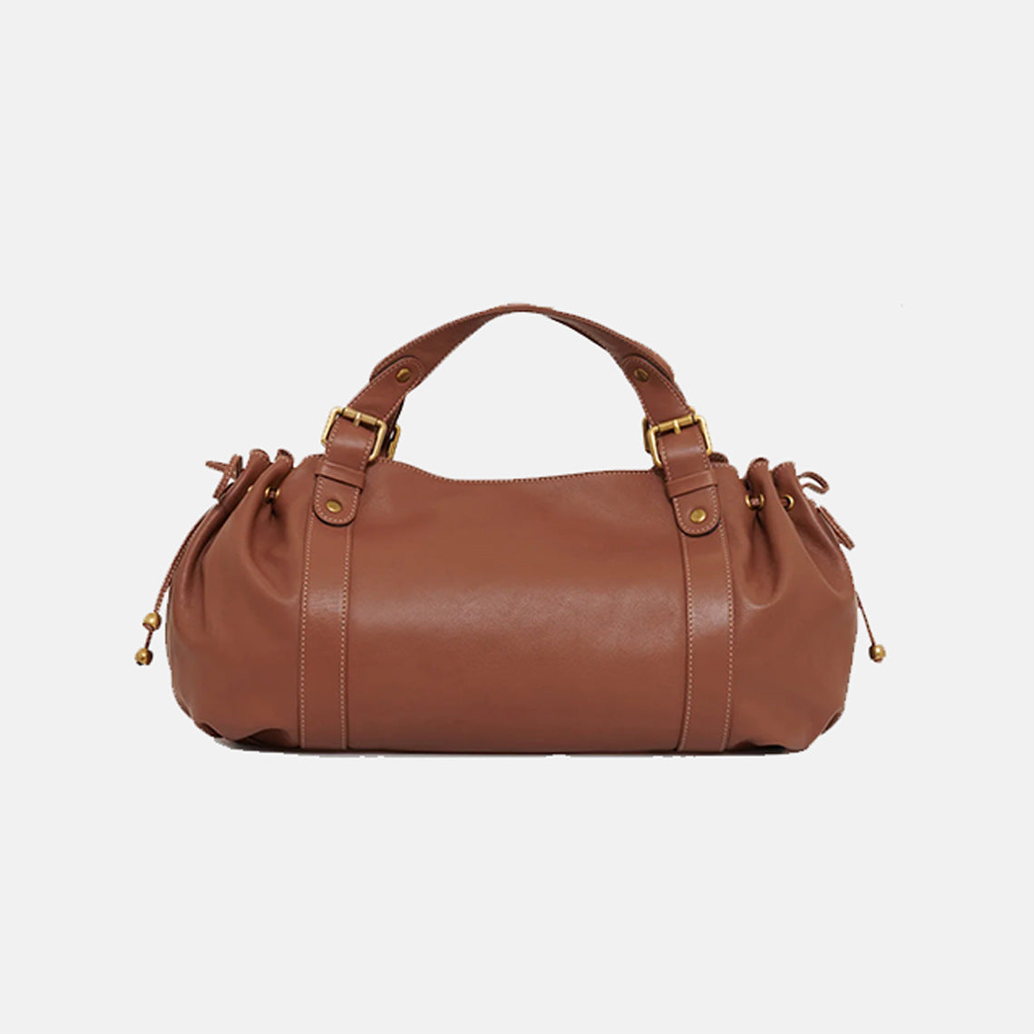 Brown leather handbag with dual top handles, side drawstrings, gold-tone buckles, and stitched vertical straps.