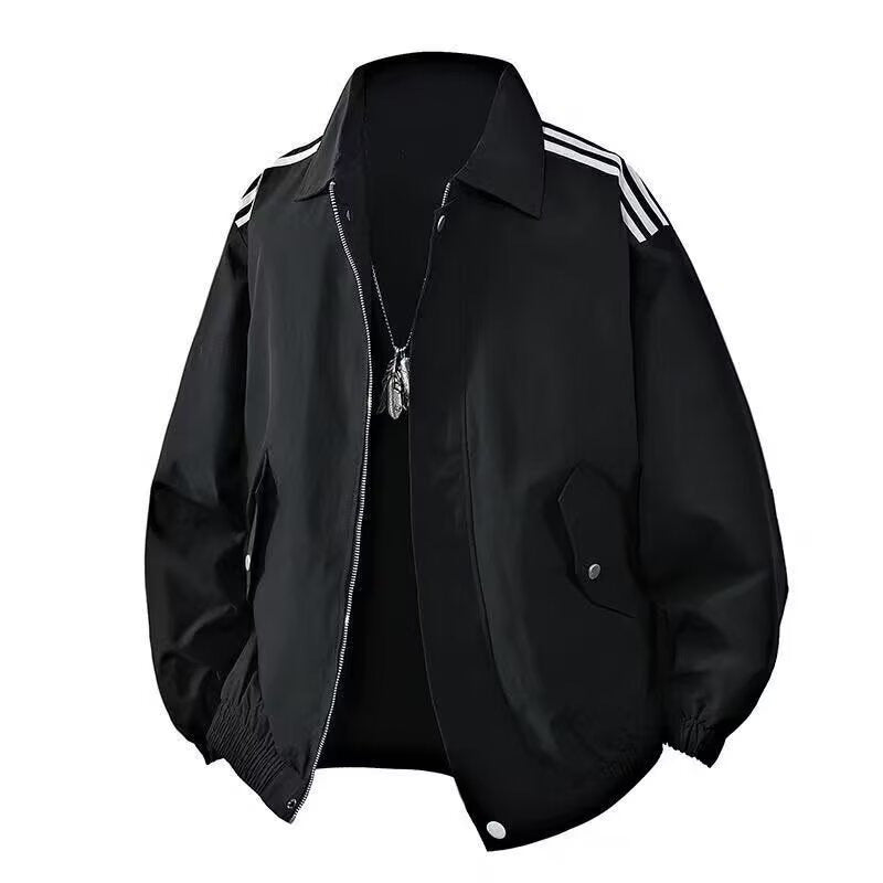 Black nylon casual jacket with pointed collar, zip front, ribbed hem, side flap pockets, and white shoulder stripes.