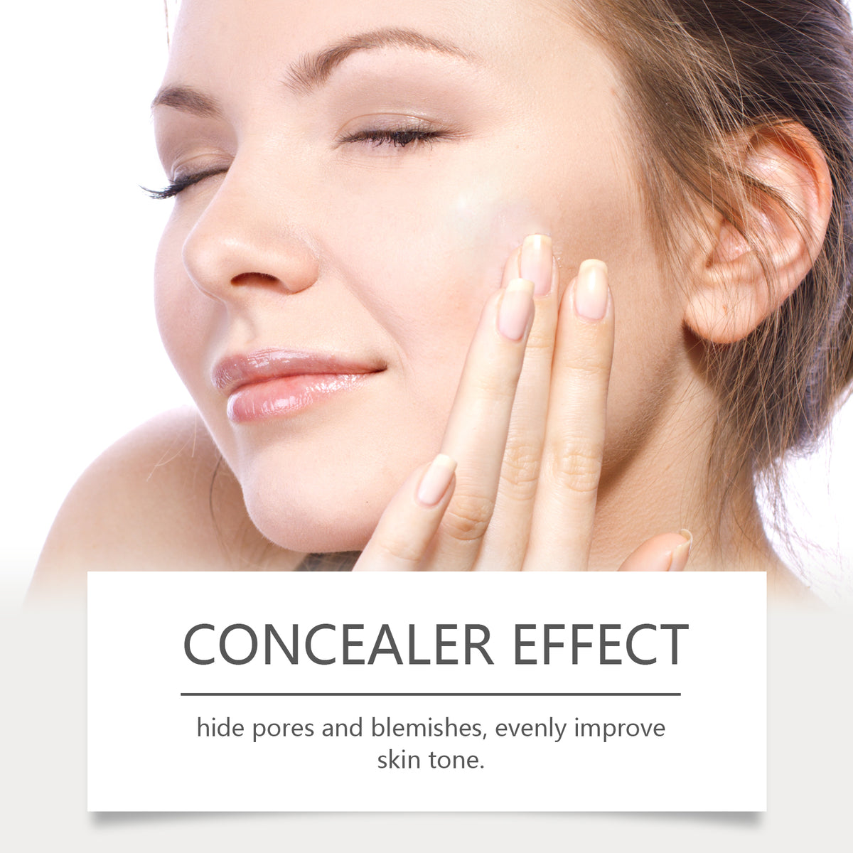 A woman with smooth, fair skin gently applies concealer to her cheek, highlighting a clear, even complexion.