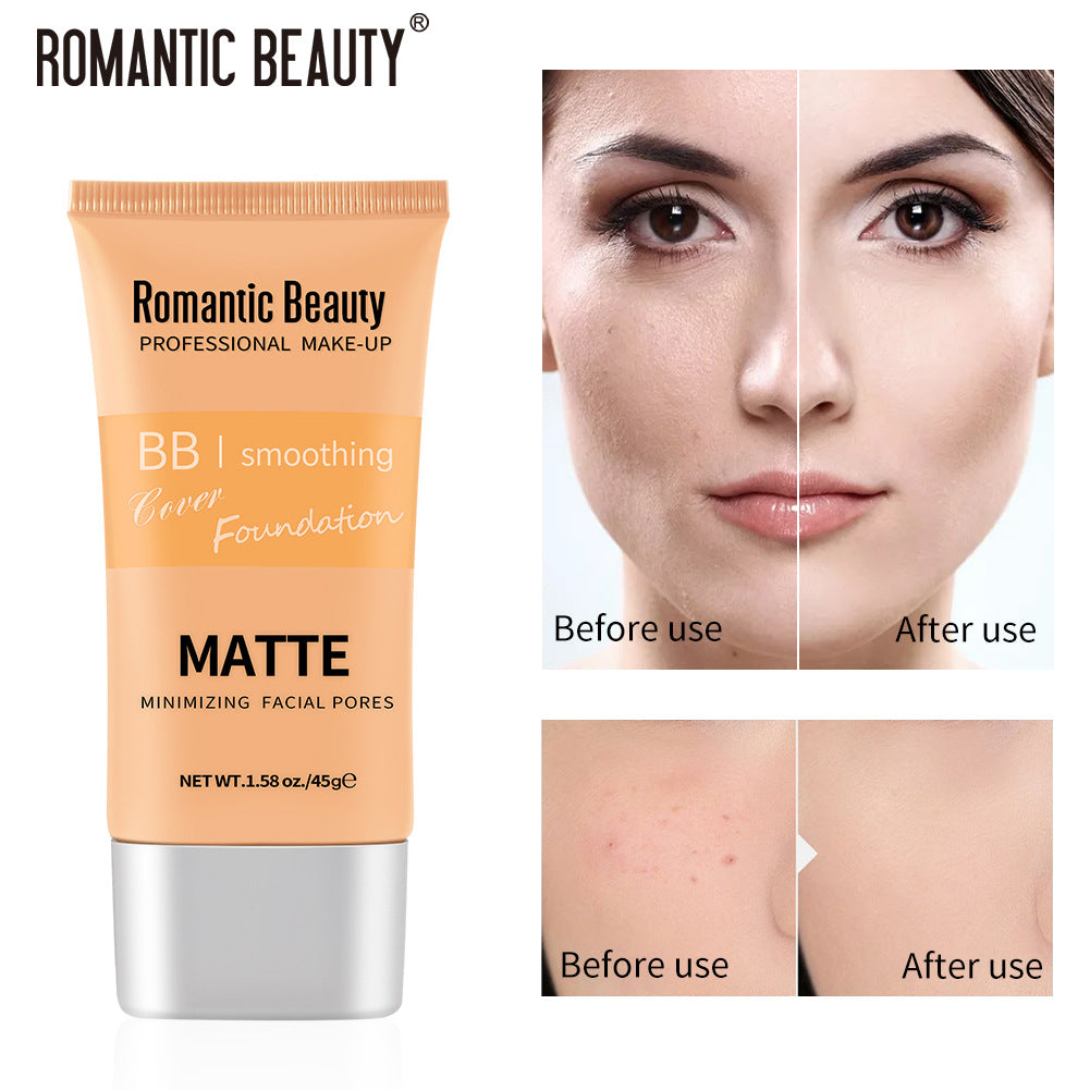 Peach-colored Romantic Beauty matte BB foundation tube with black text, alongside before and after skin comparison shots.