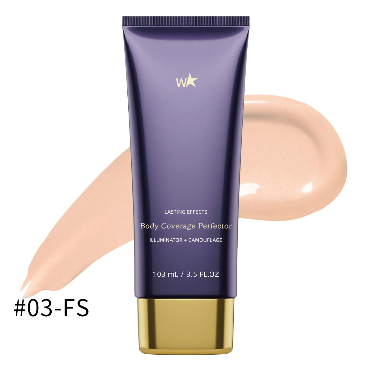 Metallic purple plastic tube of body coverage corrector with gold cap, featuring beige cream swatch in background.