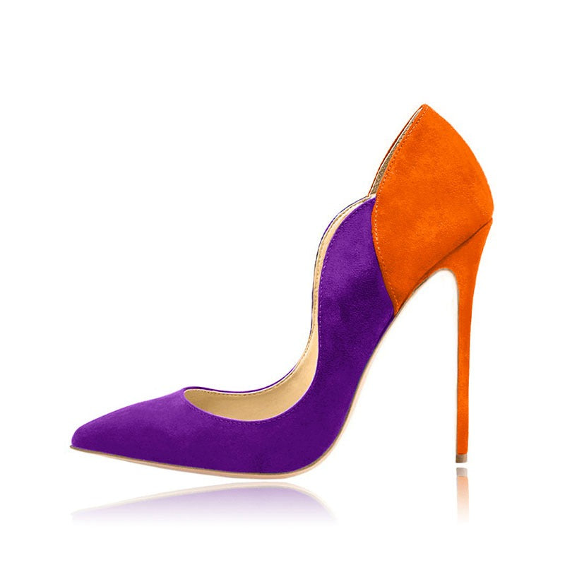 Color-block stiletto heels by Plush Fashion Hub featuring vibrant geometric design and sleek high heel silhouette.