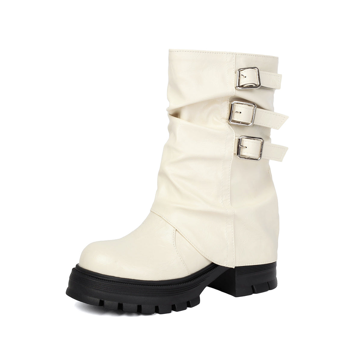 White faux leather slouchy mid-calf boot with three side buckle straps and a thick black lug sole.