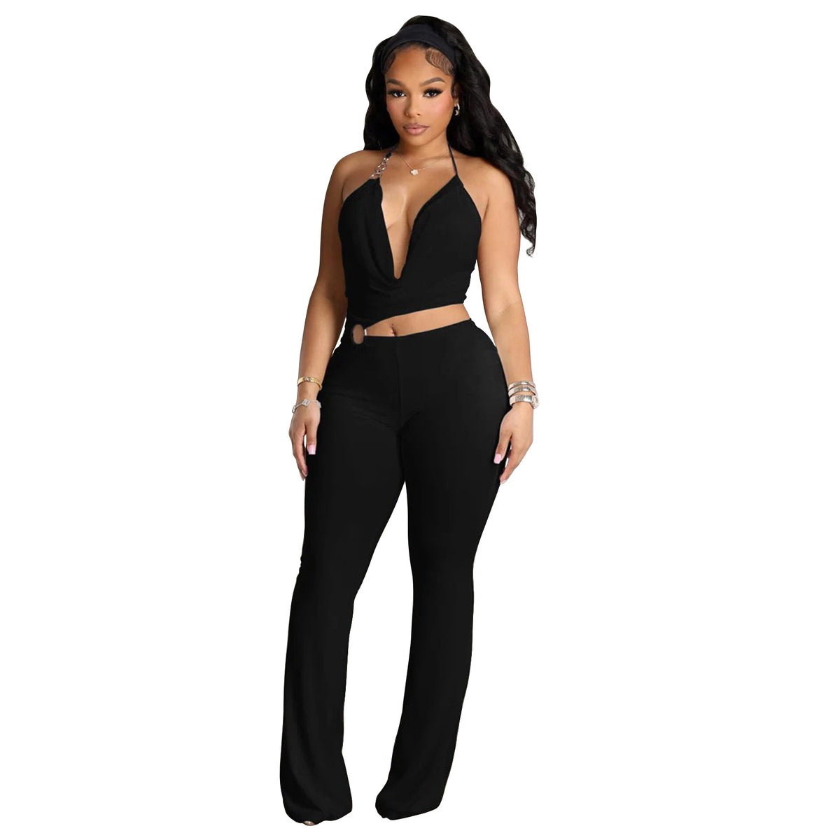 Plush Fashion Hub sleek halter neck jumpsuit with cut-out waist, stylish romper in black fabric, front view.