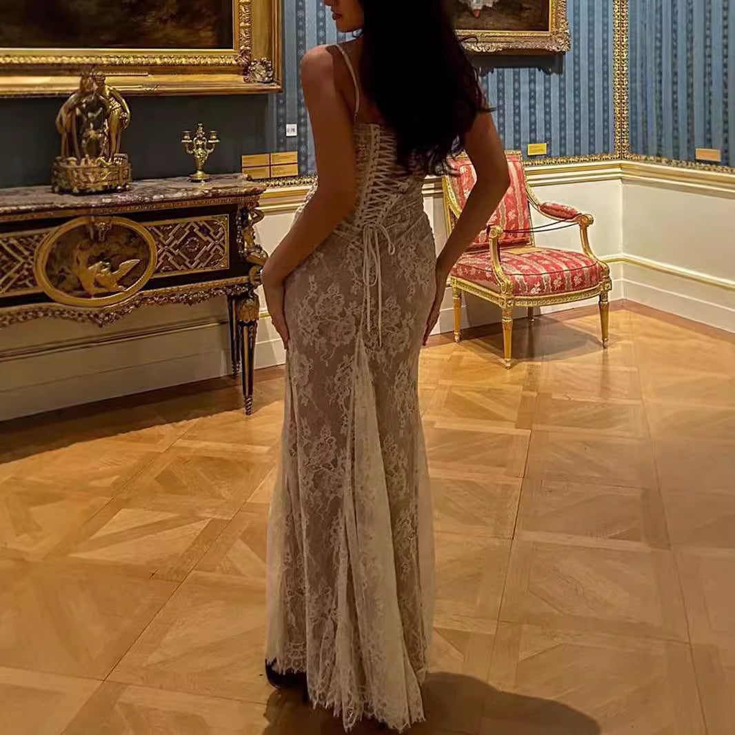 Elegant long-sleeve backless lace mermaid maxi dress by Plush Fashion Hub, featuring intricate lace details and a fitted silhouette.
