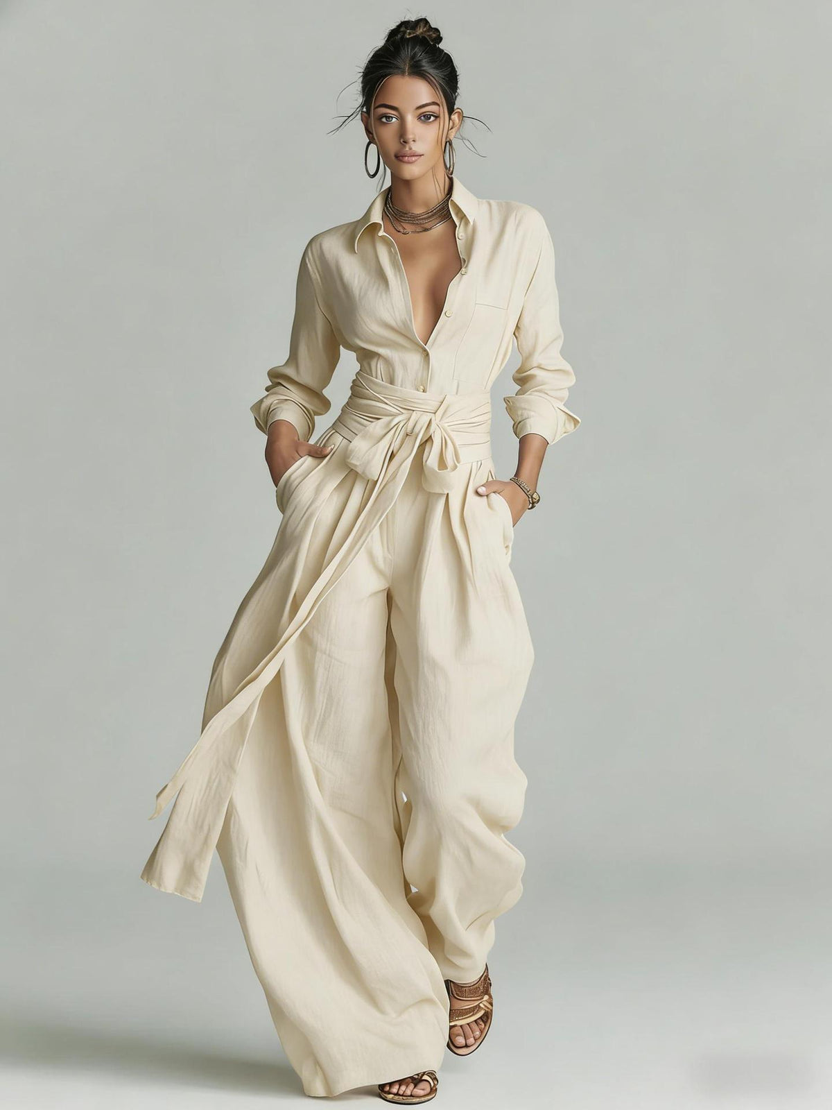 Solid color collar top and high-waisted pants two-piece set from Plush Fashion Hub, featuring a stylish, coordinated outfit.