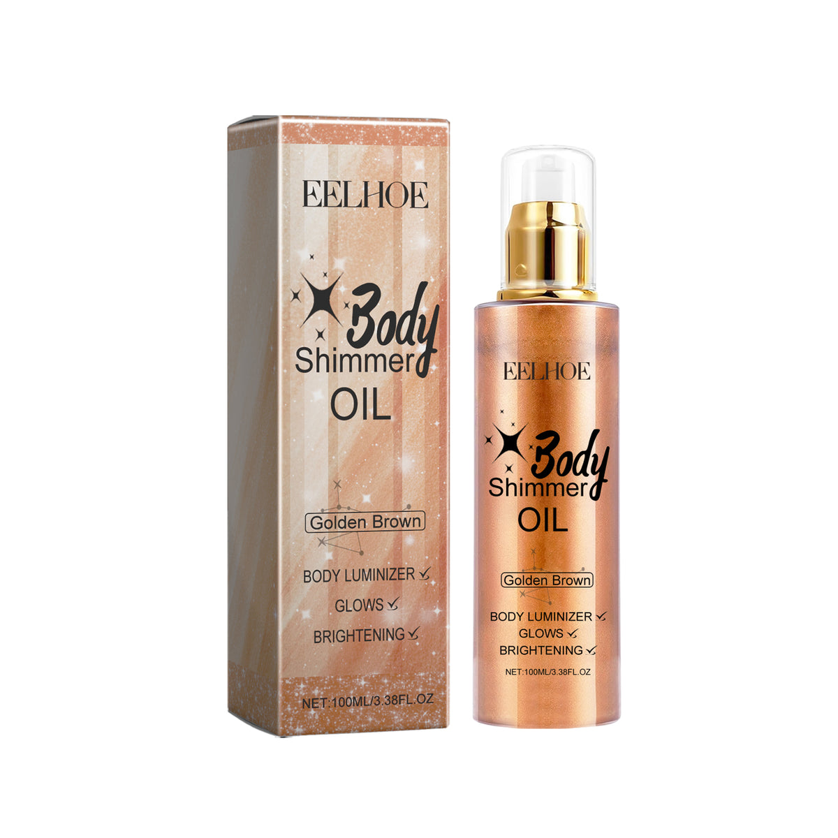 Eelhoe Golden Brown body shimmer oil bottle and matching box with metallic gold pump and sparkle graphics.