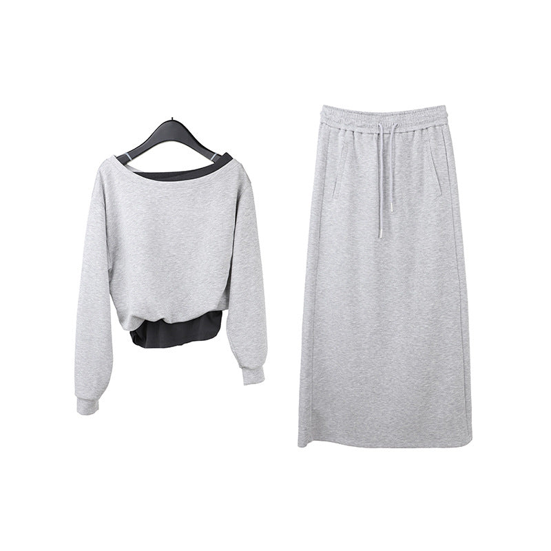 Asymmetrical shoulder hoodie and matching mini skirt co-ord set by Plush Fashion Hub, stylish two-piece fashion ensemble.