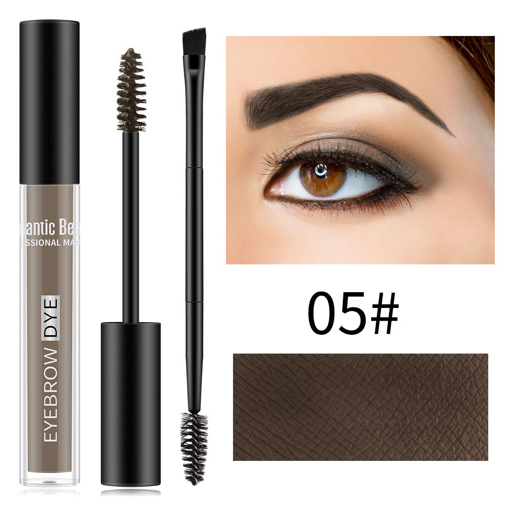 Brown eyebrow dye tube with spoolie wand, dual-ended brush, swatch, and a styled brow on an eye.