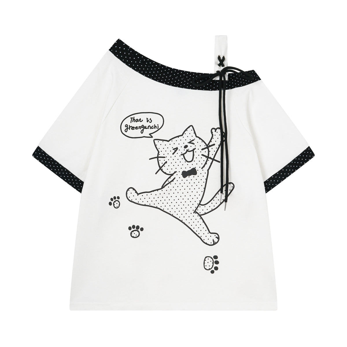 Slim fit eprolo shoulder T-shirt with polka dot splicing and drawstring detail, casual and stylish top for everyday wear.